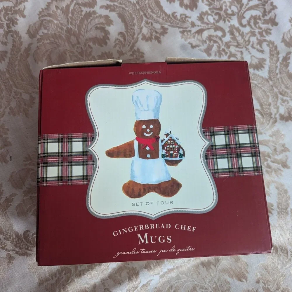 Williams Sonoma 2009 RETIRED Gingerbread Chef Mugs Coffee Cocoa Set of 4